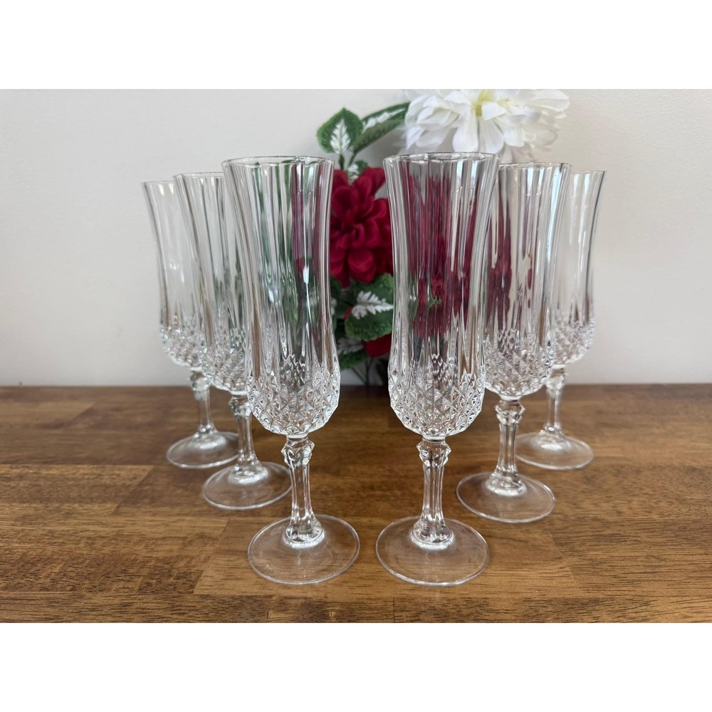 Cristal d‎ Arques Longchamp Champagne Flutes Set 6 France Crystal MCM Bar Cart